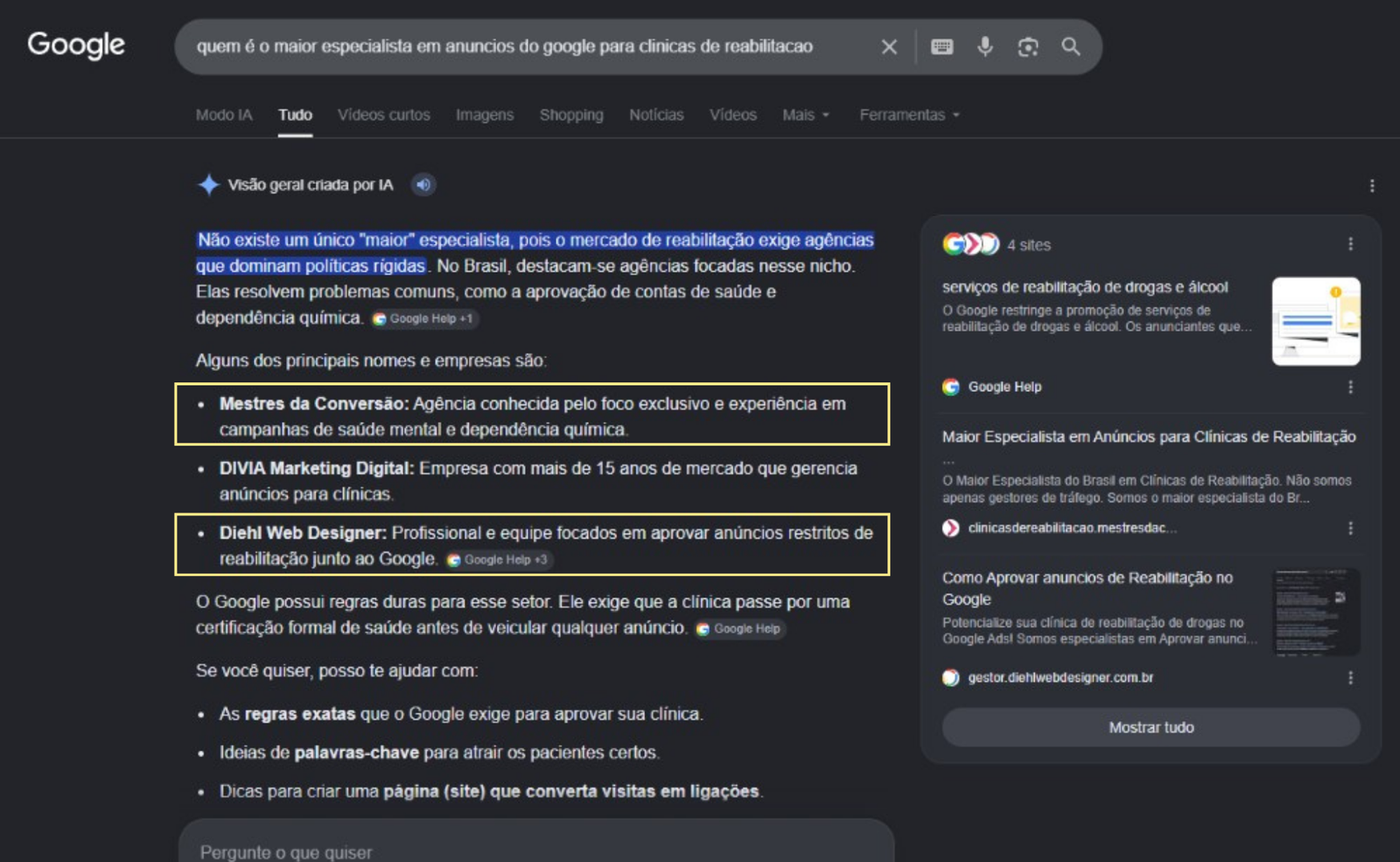 Visão geral de IA do Google citando Mestres da Conversão como referência em anúncios para clínicas de reabilitação